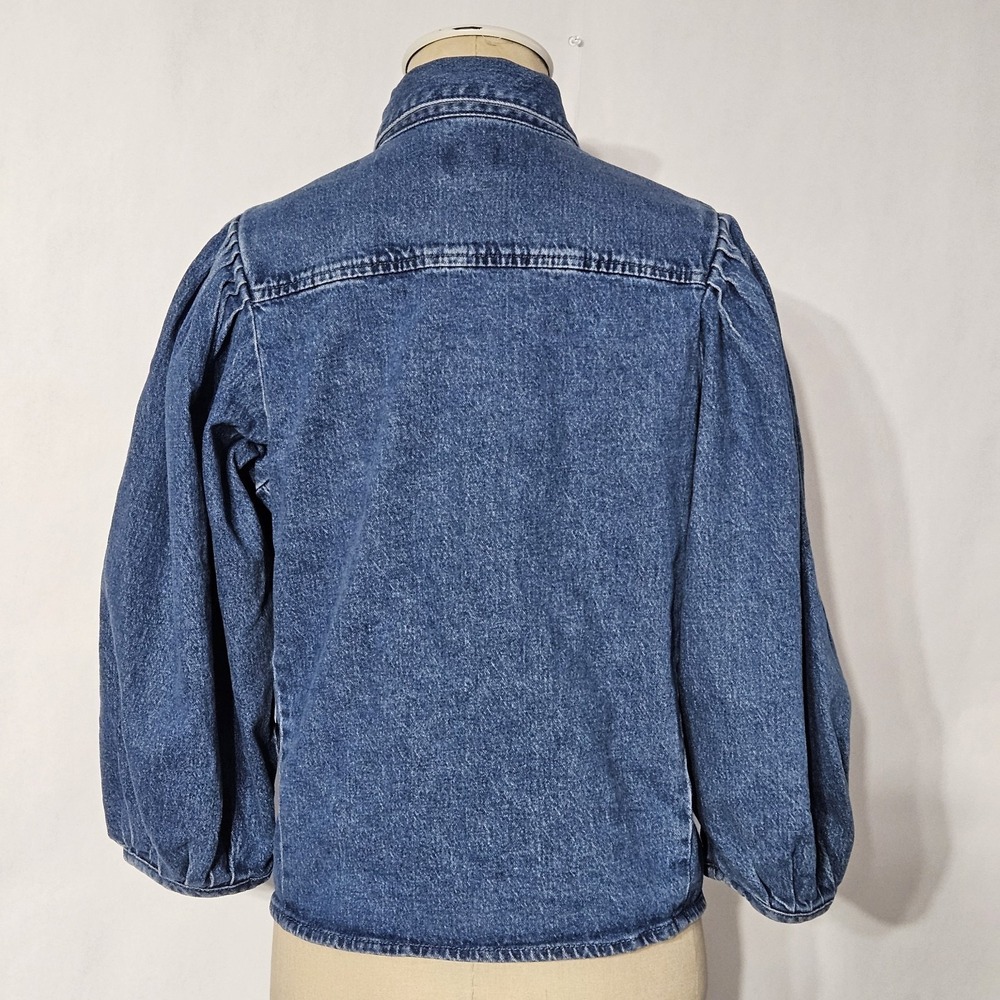 Scoop Women's Blue Denim Collared Button-Up Puff 3/4 Sleeve Blouse Sz XS (0-2) - Picture 2 of 9